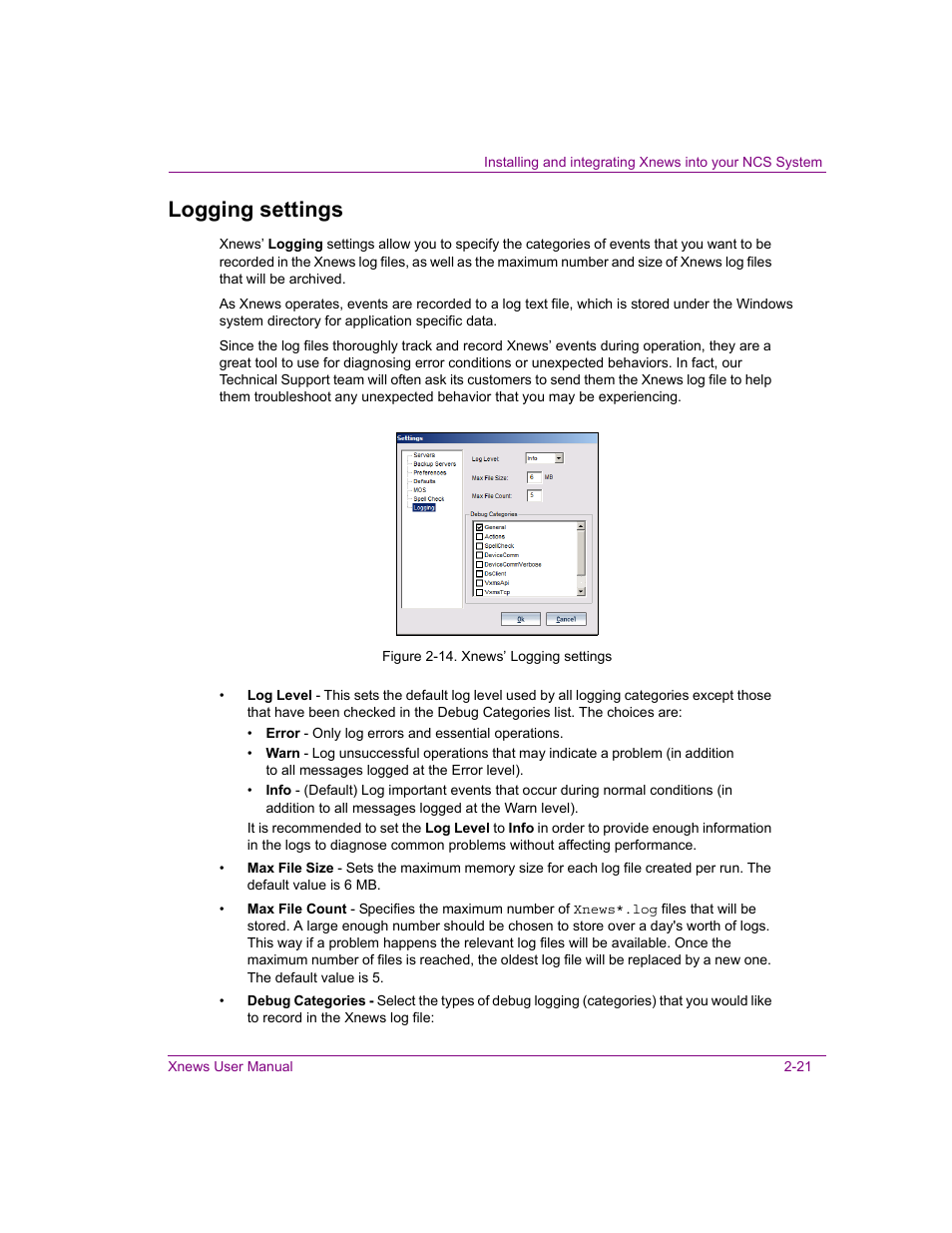 Logging settings, Logging settings -21 | Grass Valley Xnews Vertigo Suite v.5.0 User Manual | Page 32 / 143