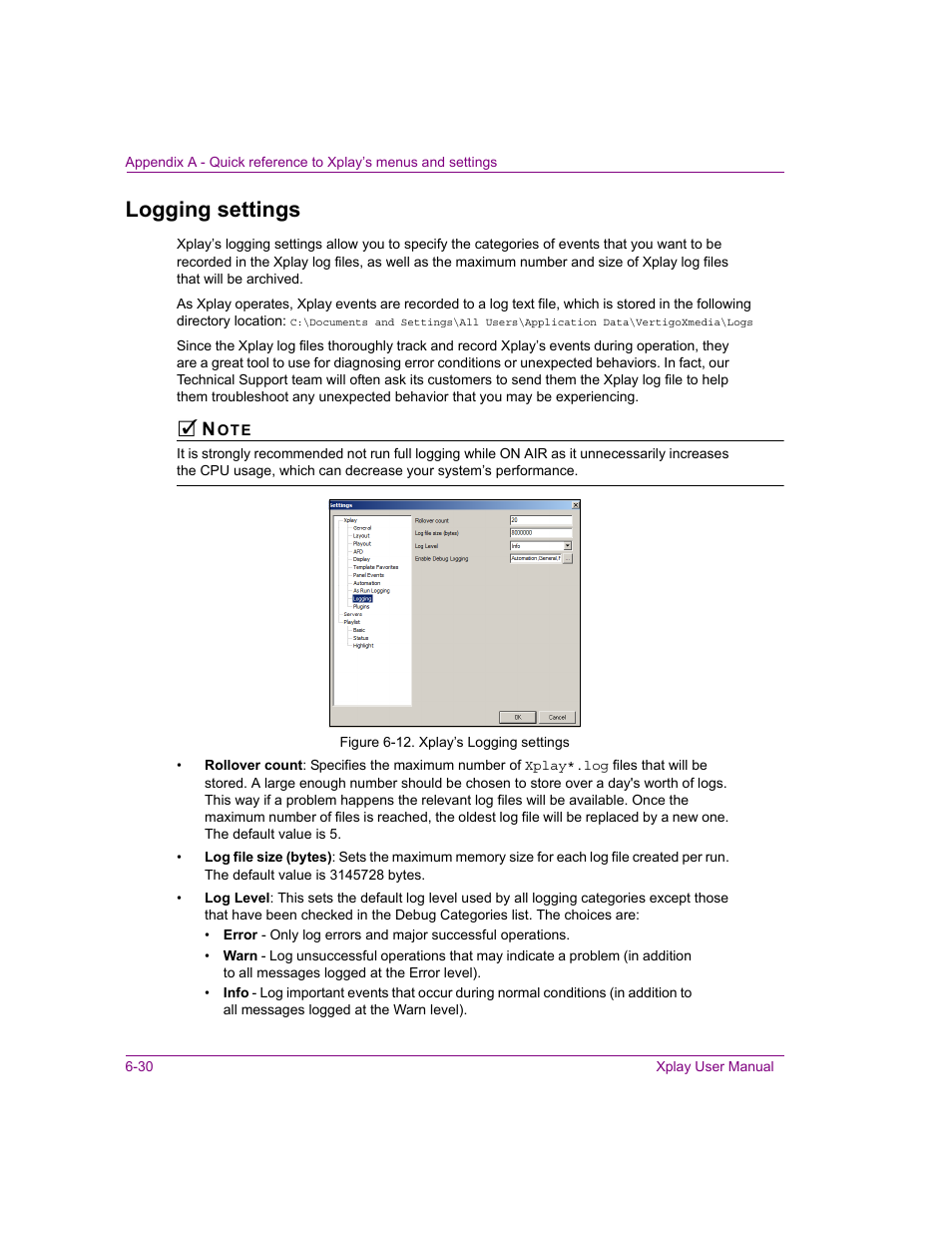 Logging settings, Logging settings -30 | Grass Valley Xplay Vertigo Suite v.5.0 User Manual | Page 141 / 179