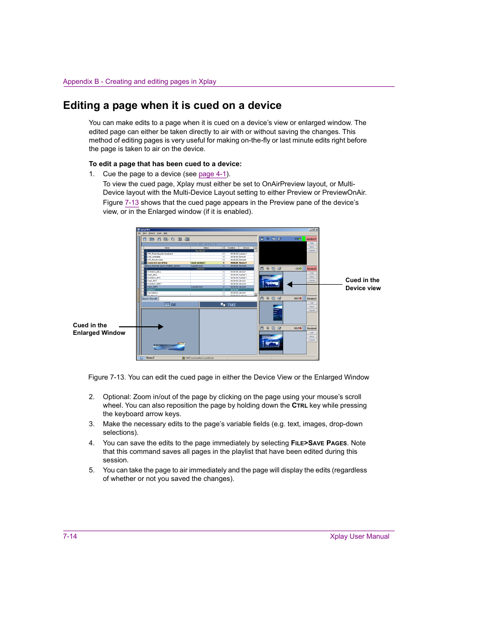 Ews (see, Editing a page when it is cued on a device | Grass Valley Xplay Vertigo Suite v.5.0 User Manual | Page 163 / 179