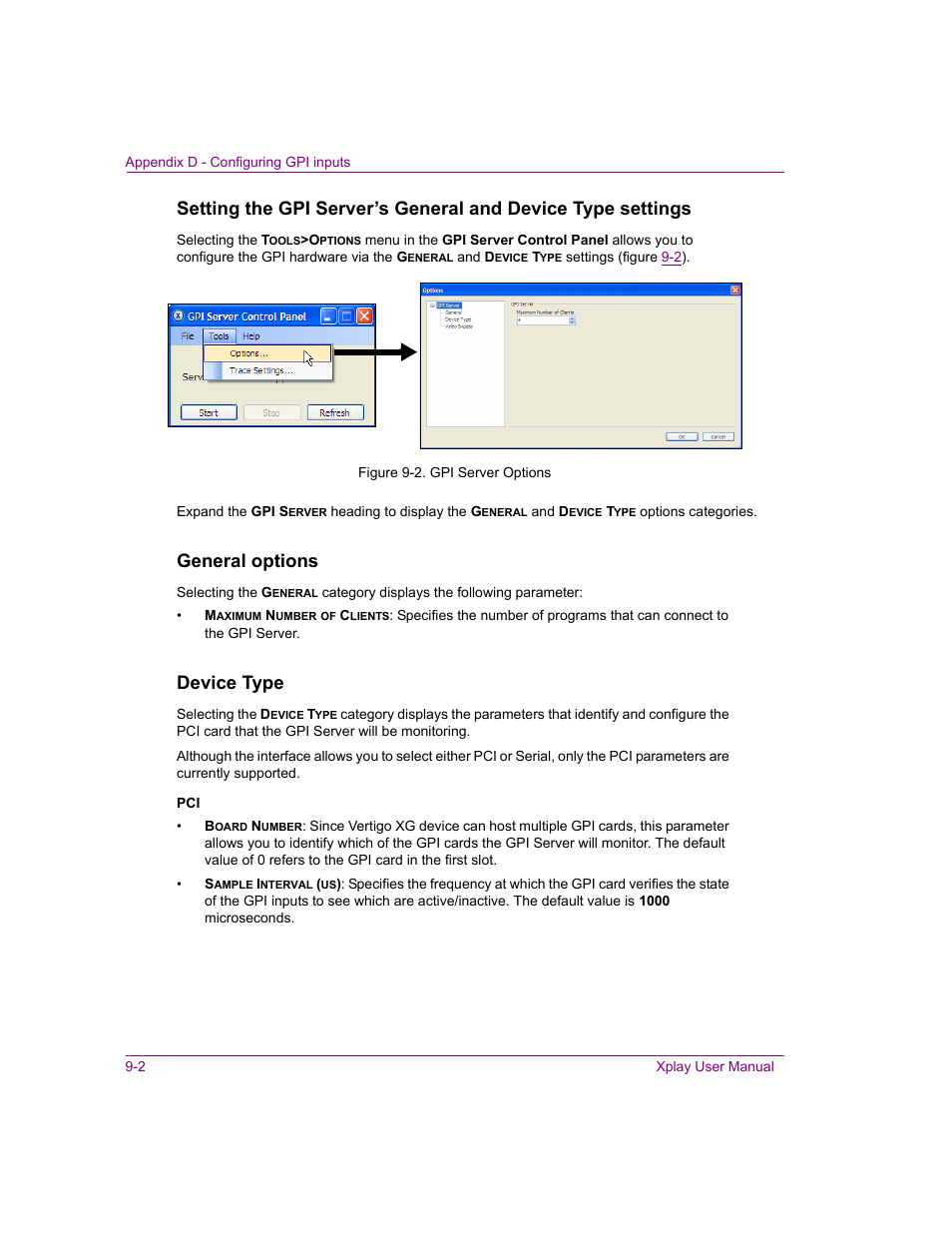 General options, Device type | Grass Valley Xplay Vertigo Suite v.5.0 User Manual | Page 171 / 179