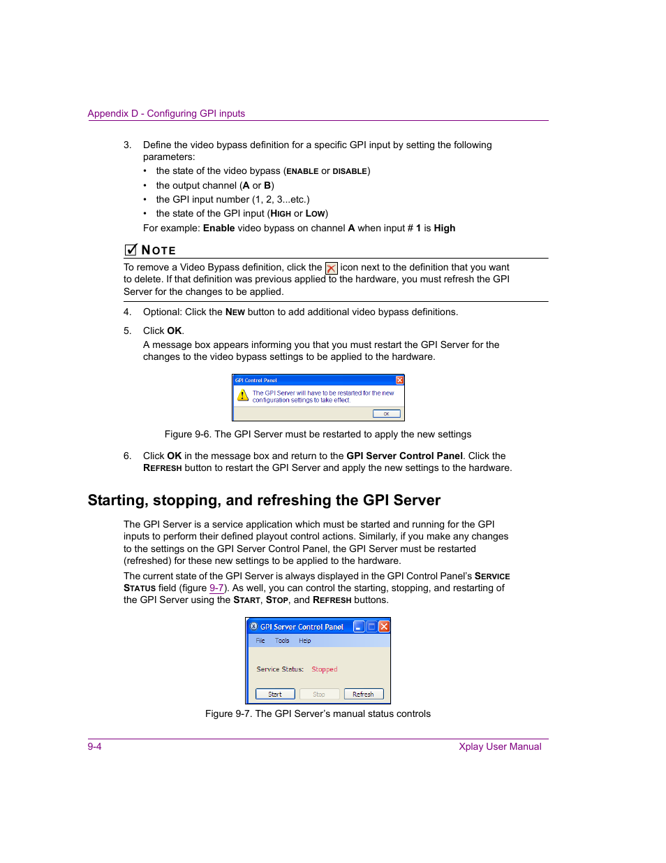 Starting, stopping, and refreshing the gpi server | Grass Valley Xplay Vertigo Suite v.5.0 User Manual | Page 173 / 179