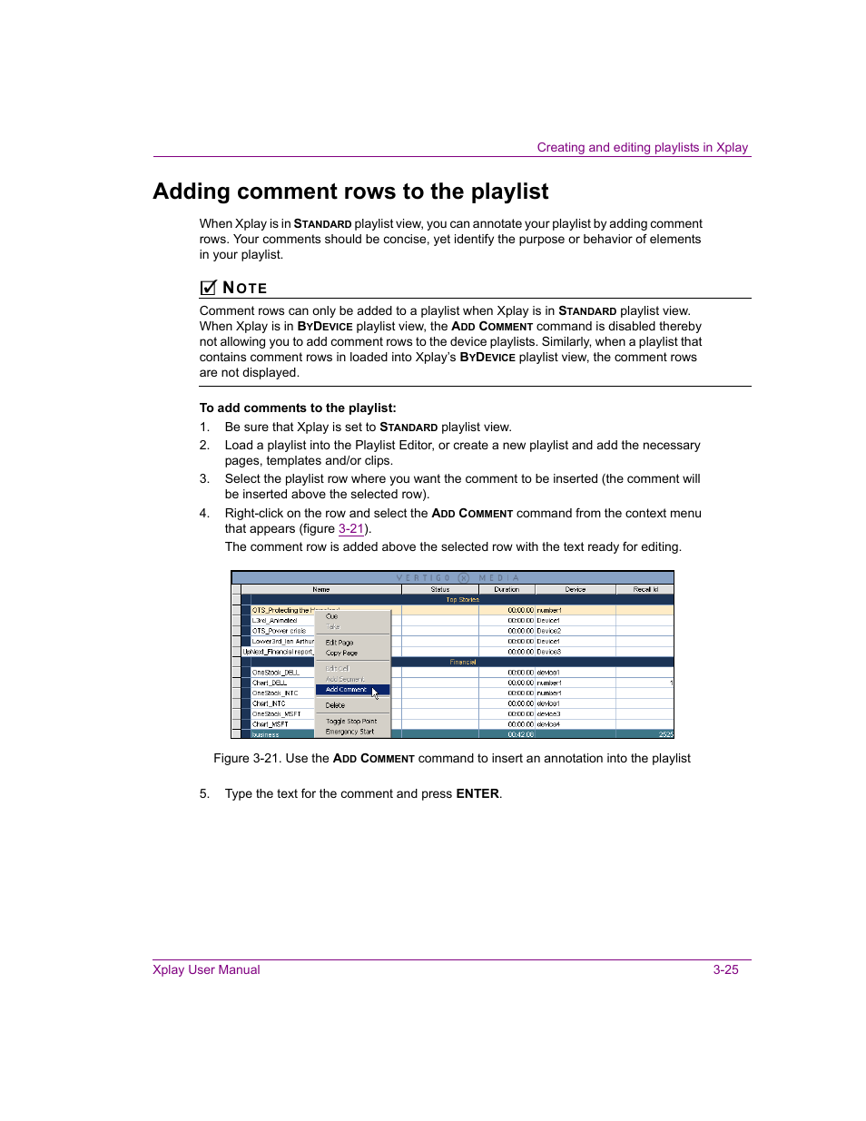 Adding comment rows to the playlist, Adding comment rows to the playlist -25 | Grass Valley Xplay Vertigo Suite v.5.0 User Manual | Page 52 / 179