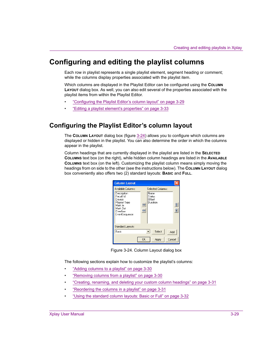 Configuring and editing the playlist columns, Configuring the playlist editor’s column layout, Configuring and editing the playlist columns -29 | Grass Valley Xplay Vertigo Suite v.5.0 User Manual | Page 56 / 179
