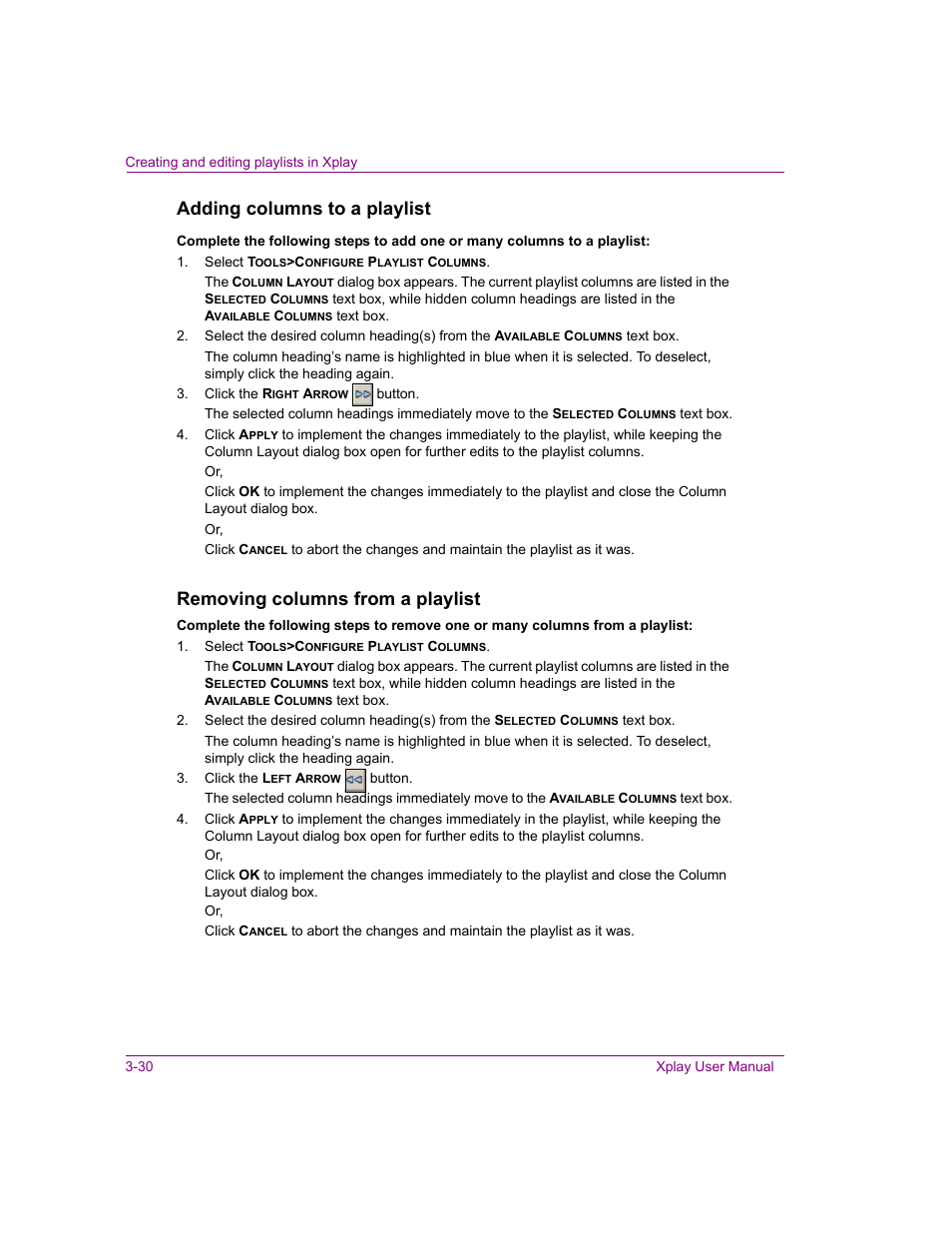 Adding columns to a playlist, Removing columns from a playlist | Grass Valley Xplay Vertigo Suite v.5.0 User Manual | Page 57 / 179