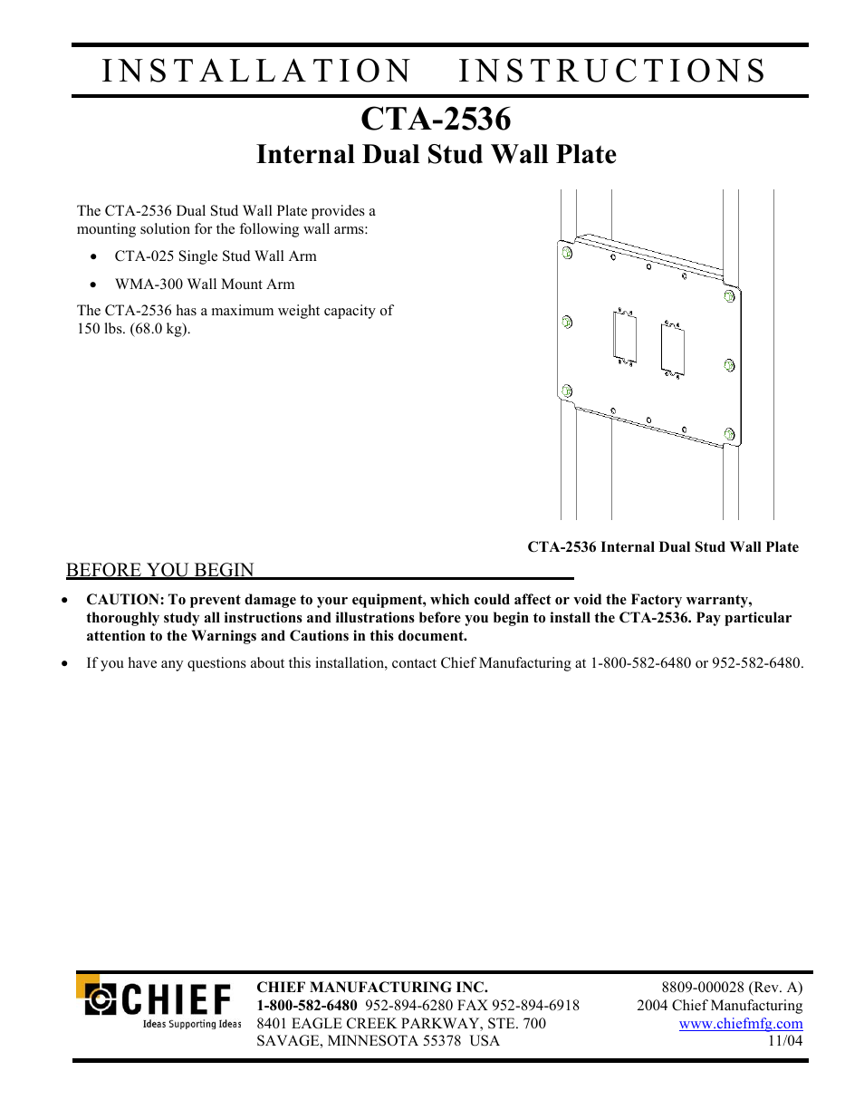 Chief Manufacturing Internal Dual Stud Wall Plate CTA-2536 User Manual | 6 pages
