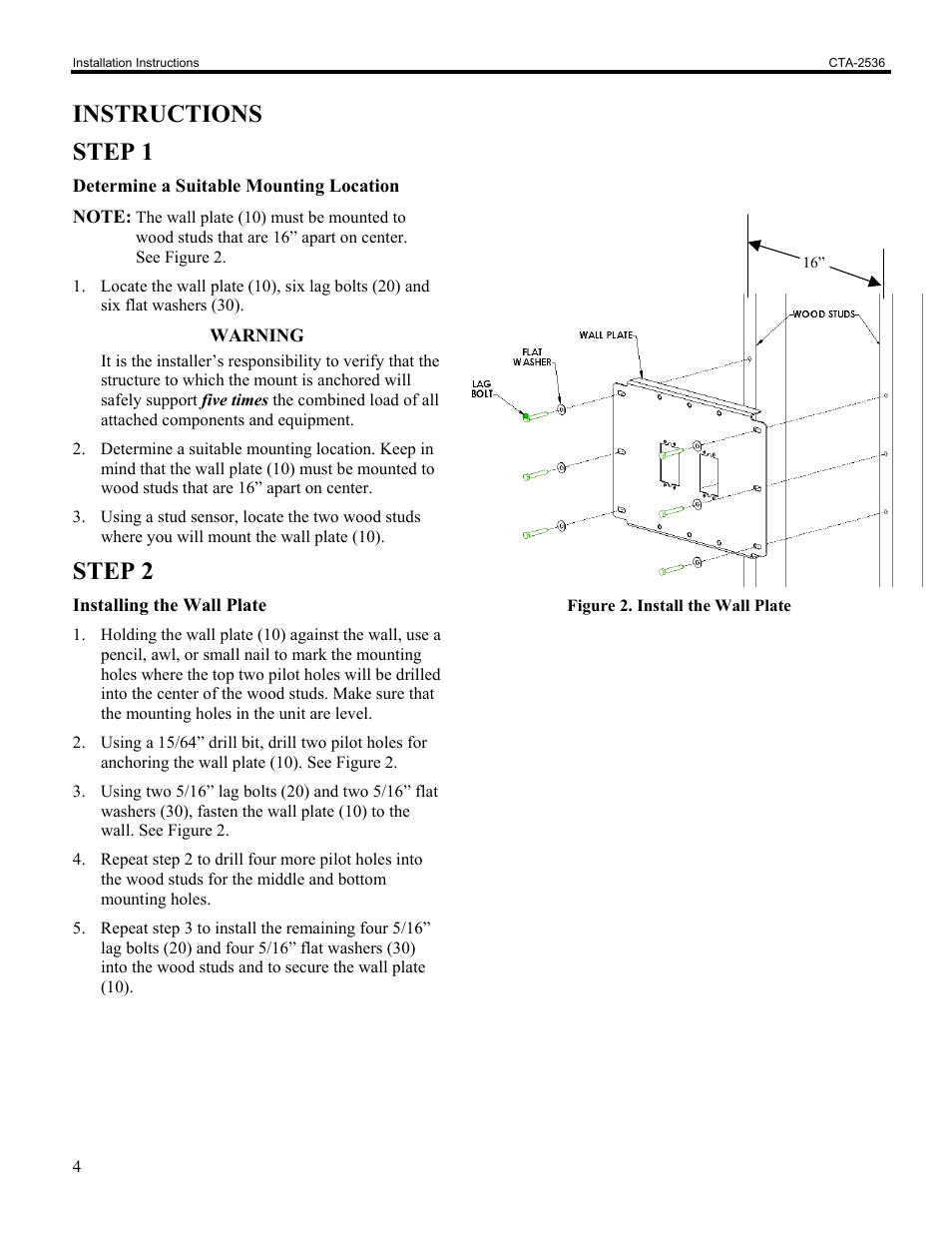 Instructions step 1, Step 2 | Chief Manufacturing Internal Dual Stud Wall Plate CTA-2536 User Manual | Page 4 / 6