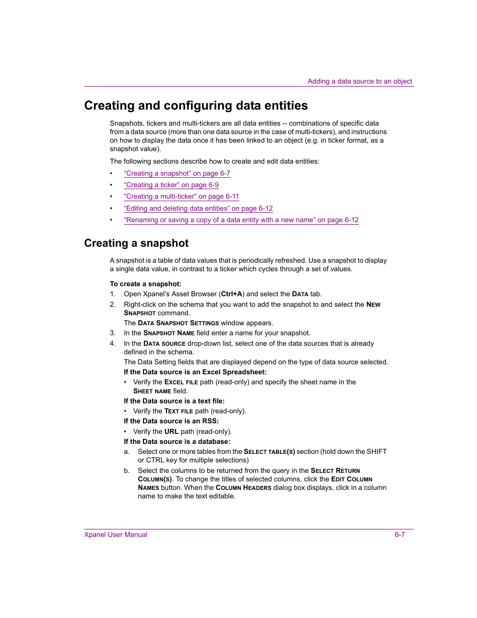 Creating and configuring data entities, Creating a snapshot, Creating and configuring data entities -7 | Creating a snapshot -7 | Grass Valley Xpanel Vertigo Suite v.4.8 User Manual | Page 109 / 142