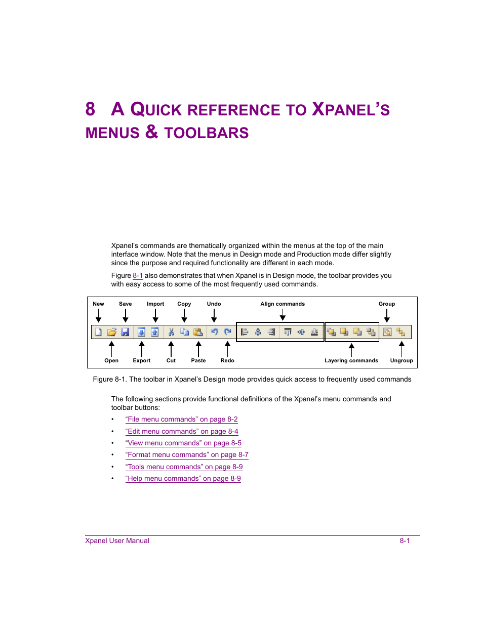8 a quick reference to xpanel’s menus & toolbars, A quick reference to xpanel’s menus & toolbars -1, A quick reference to | 8 a q, Uick, Reference, Panel, Menus, Toolbars | Grass Valley Xpanel Vertigo Suite v.4.8 User Manual | Page 133 / 142