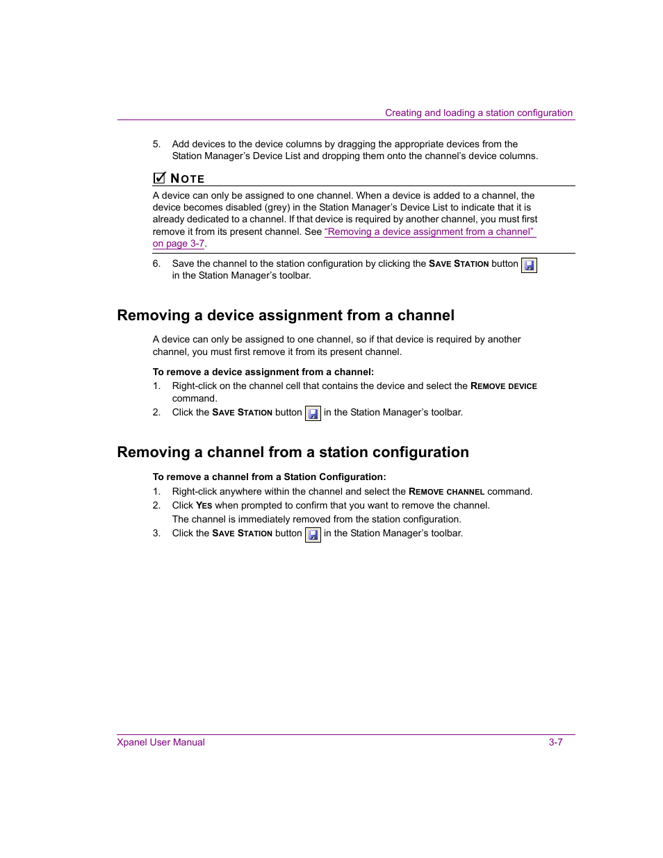 Removing a device assignment from a channel, Removing a channel from a station configuration | Grass Valley Xpanel Vertigo Suite v.4.8 User Manual | Page 31 / 142
