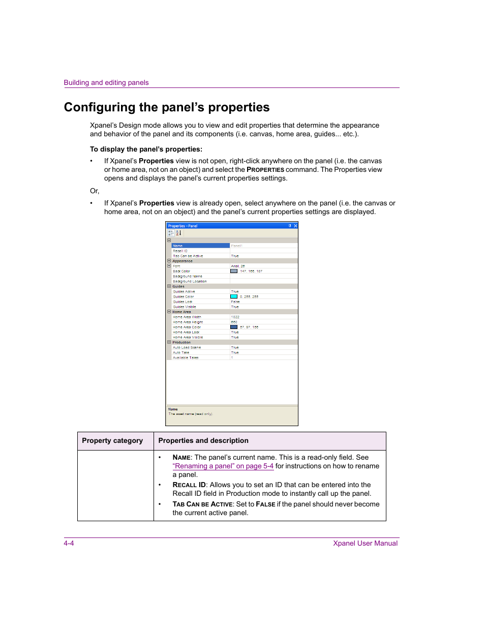 Configuring the panel’s properties, Configuring the panel’s properties -4 | Grass Valley Xpanel Vertigo Suite v.4.8 User Manual | Page 38 / 142