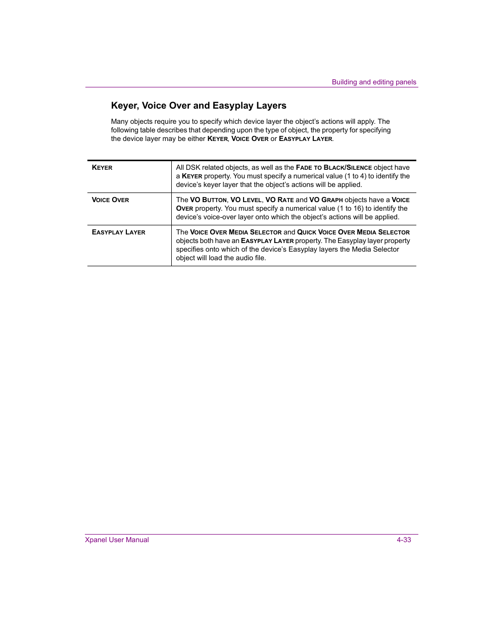 Keyer, voice over and easyplay layers | Grass Valley Xpanel Vertigo Suite v.4.8 User Manual | Page 67 / 142