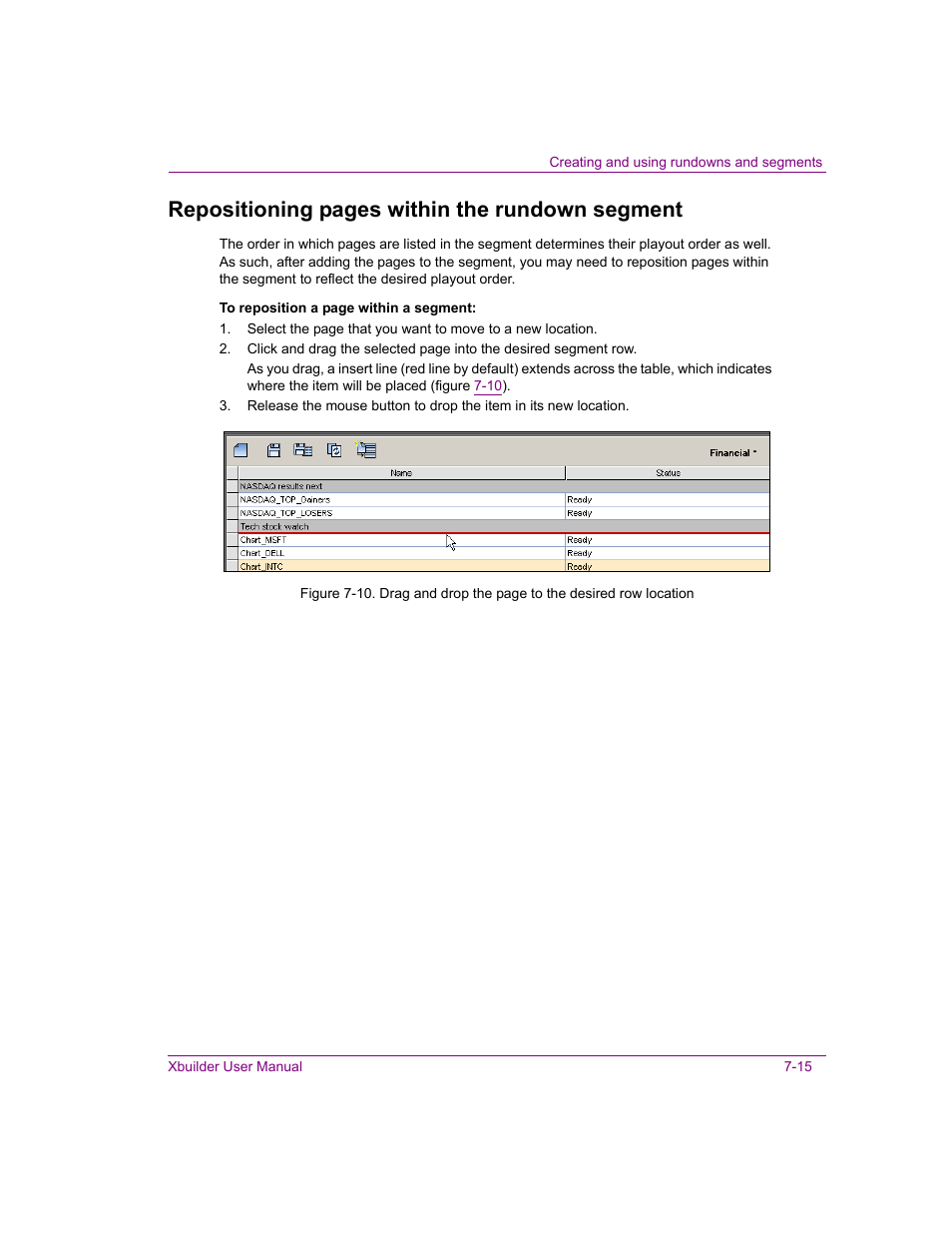 Repositioning pages within the rundown segment | Grass Valley Xbuilder Vertigo Suite v.4.8 User Manual | Page 105 / 150