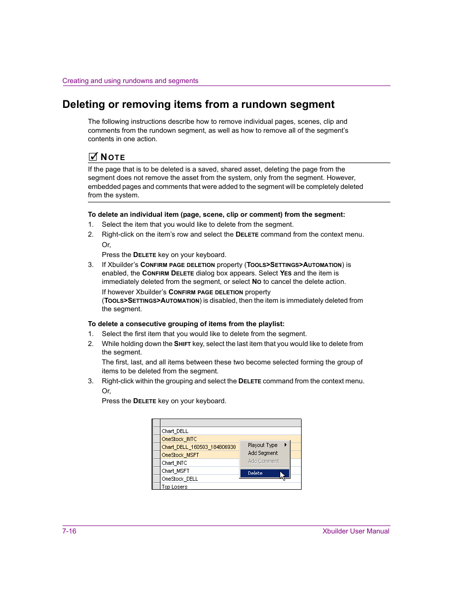 Deleting or removing items from a rundown segment | Grass Valley Xbuilder Vertigo Suite v.4.8 User Manual | Page 106 / 150
