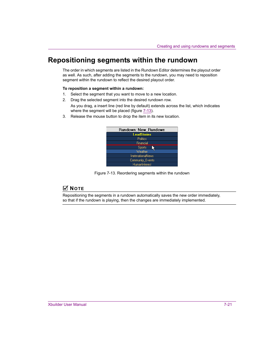 Repositioning segments within the rundown, Repositioning segments within the rundown -21 | Grass Valley Xbuilder Vertigo Suite v.4.8 User Manual | Page 111 / 150