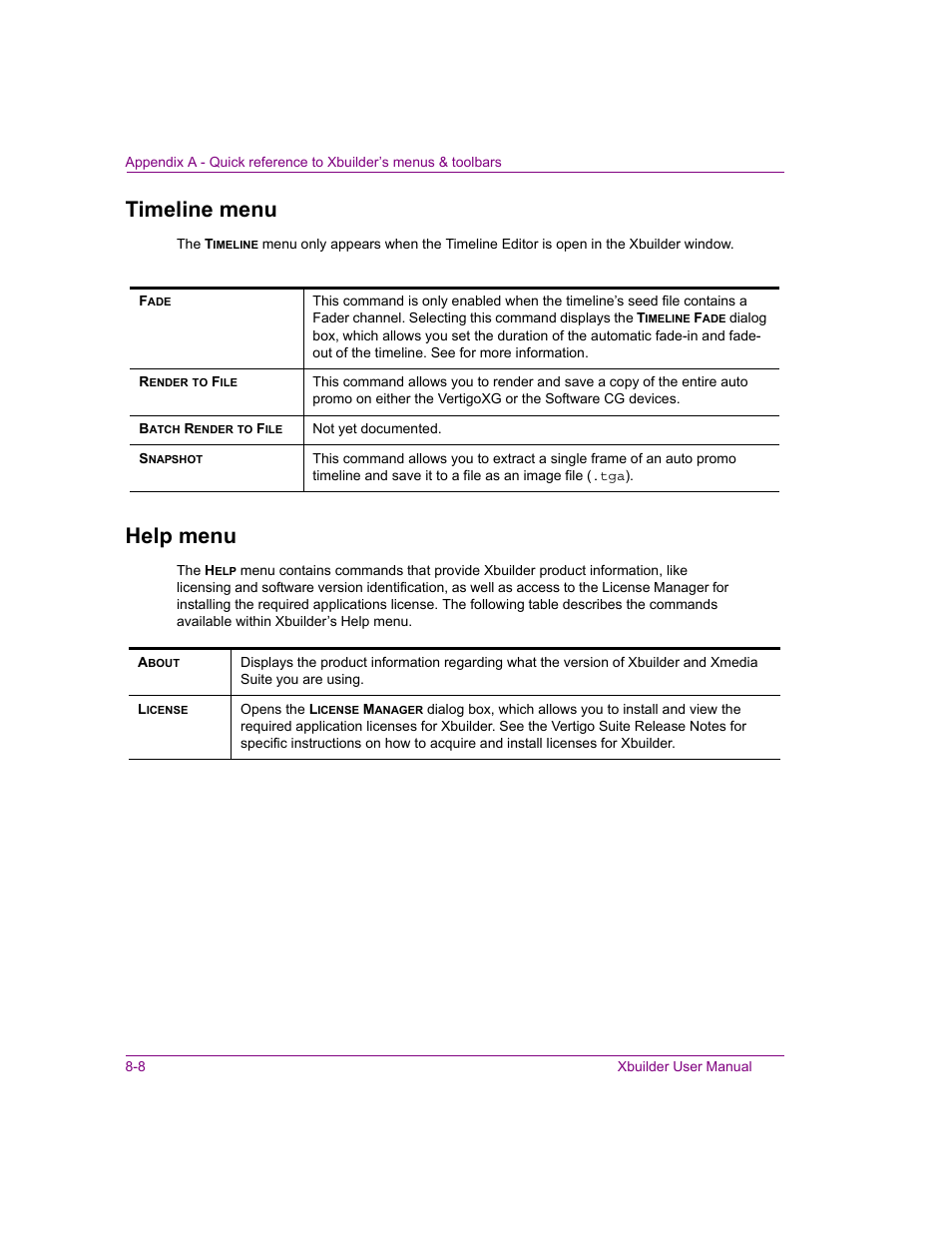 Timeline menu, Help menu, Timeline menu -8 help menu -8 | Grass Valley Xbuilder Vertigo Suite v.4.8 User Manual | Page 122 / 150