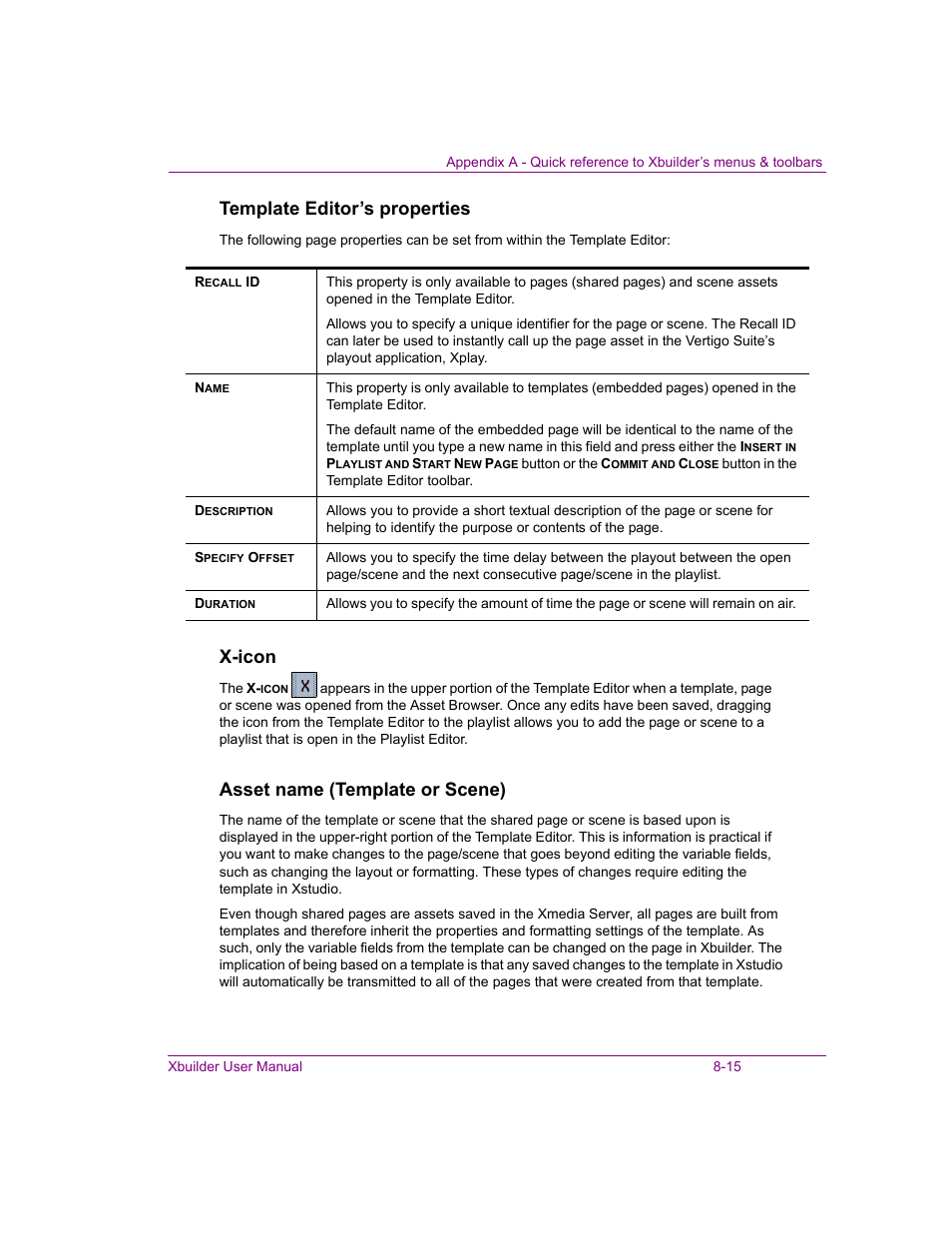 Template editor’s properties, X-icon, Asset name (template or scene) | Grass Valley Xbuilder Vertigo Suite v.4.8 User Manual | Page 129 / 150