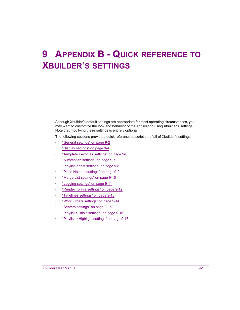 B - q, Ppendix, Uick | Reference, Builder, Settings | Grass Valley Xbuilder Vertigo Suite v.4.8 User Manual | Page 133 / 150