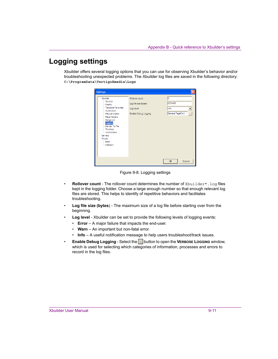 Logging settings, Logging settings -11 | Grass Valley Xbuilder Vertigo Suite v.4.8 User Manual | Page 143 / 150