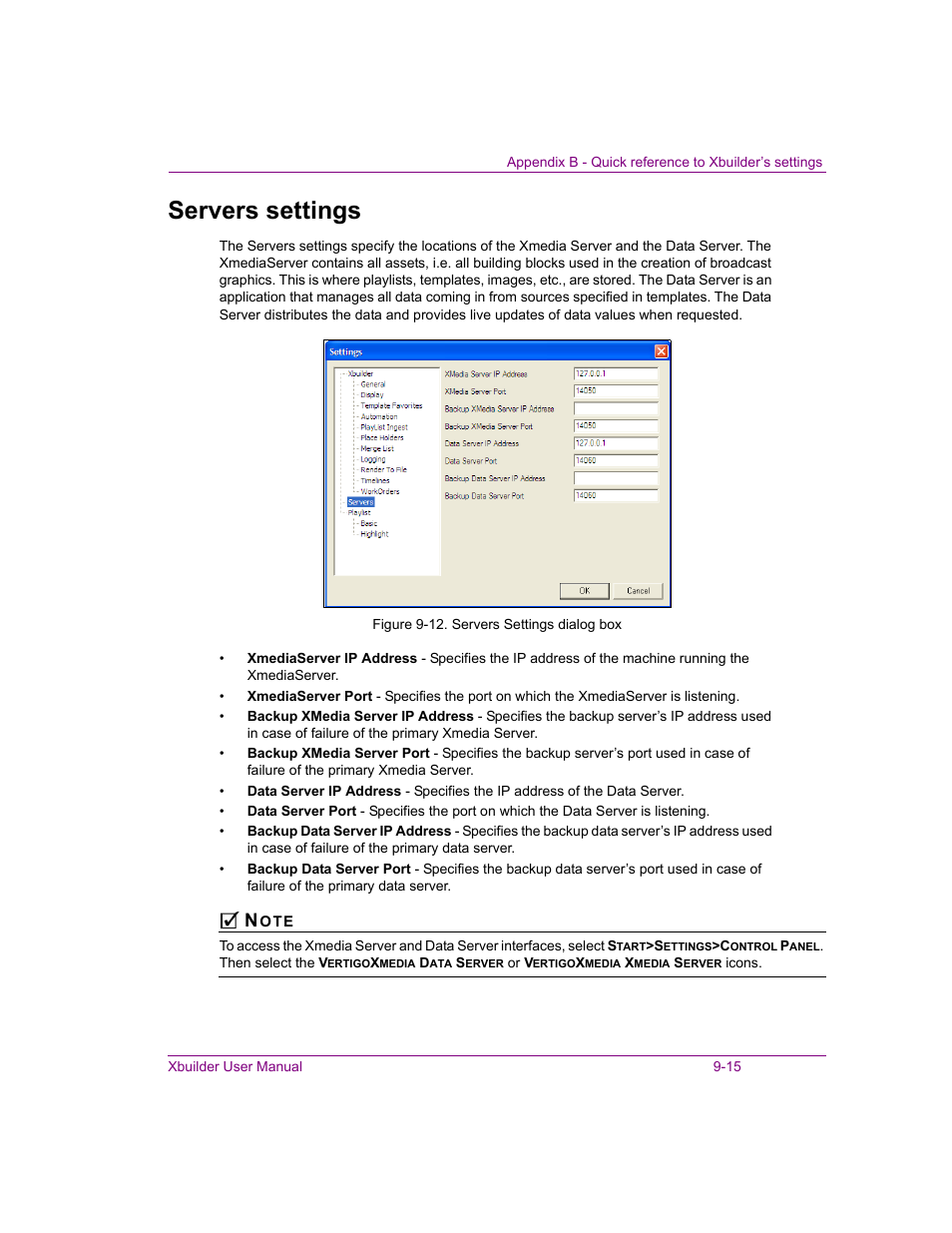 Servers settings, Servers settings -15 | Grass Valley Xbuilder Vertigo Suite v.4.8 User Manual | Page 147 / 150