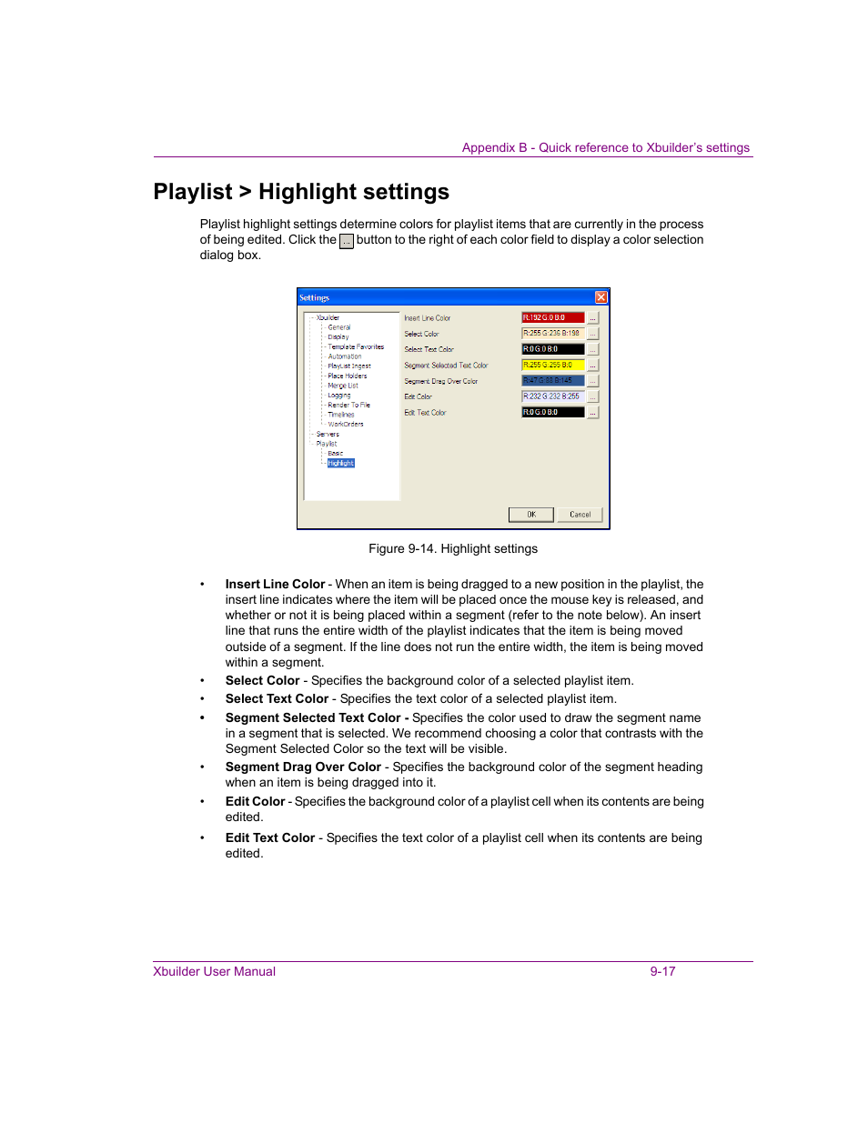 Playlist > highlight settings, Playlist > highlight settings -17 | Grass Valley Xbuilder Vertigo Suite v.4.8 User Manual | Page 149 / 150