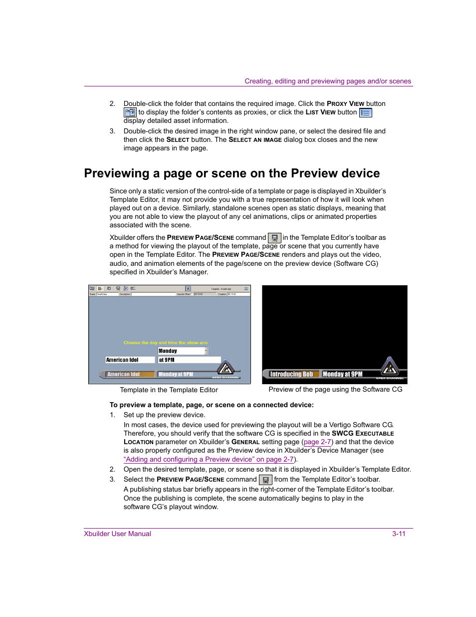 Previewing a page or scene on the preview device | Grass Valley Xbuilder Vertigo Suite v.4.8 User Manual | Page 35 / 150