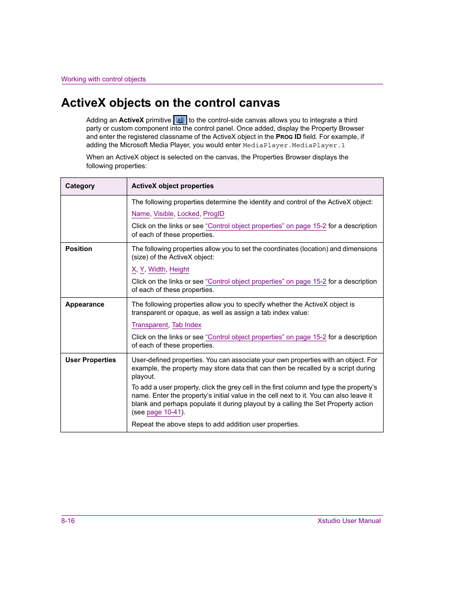 Activex objects on the control canvas, Activex objects on the control canvas -16 | Grass Valley Xstudio Vertigo Suite v.4.10 User Manual | Page 221 / 453