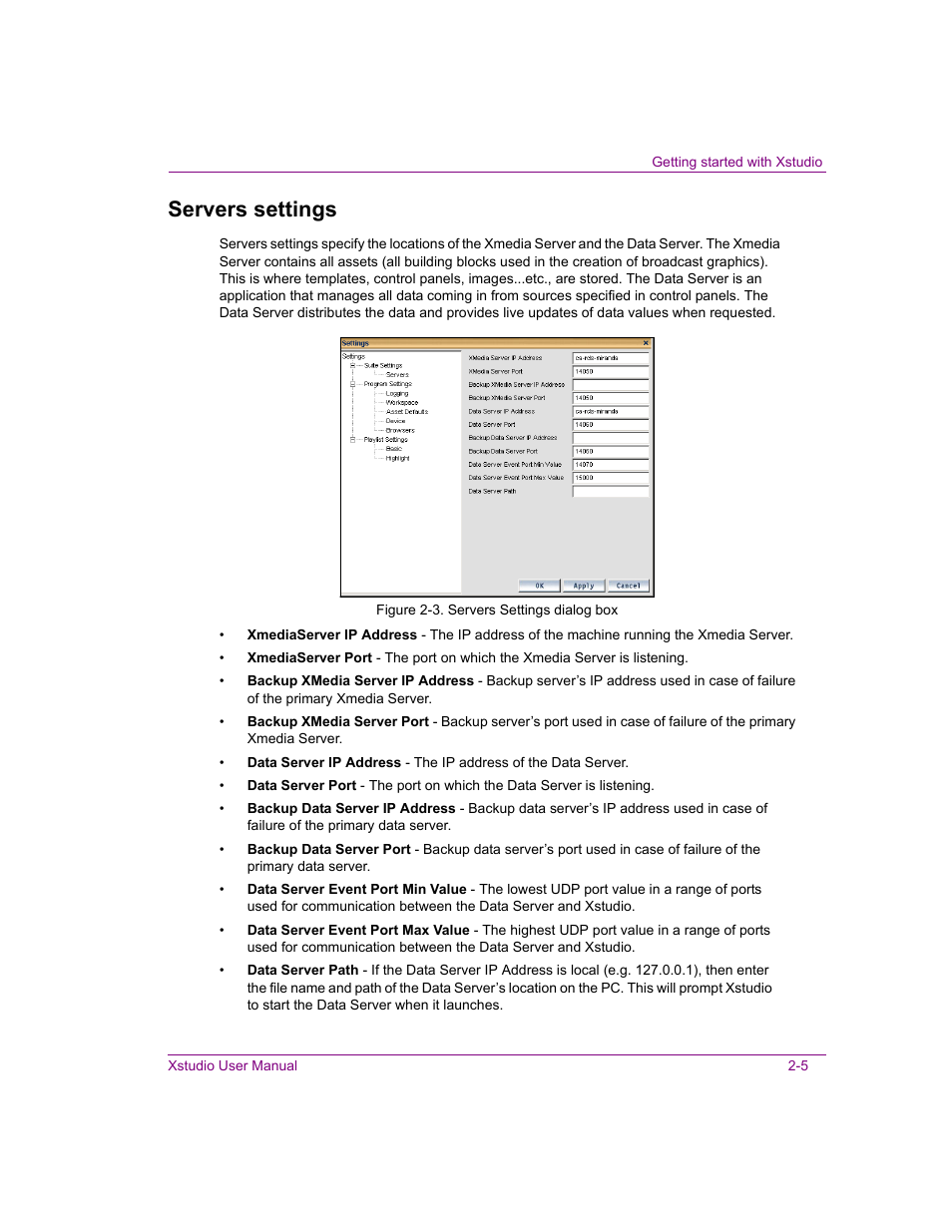 Servers settings, Servers settings -5 | Grass Valley Xstudio Vertigo Suite v.4.10 User Manual | Page 24 / 453