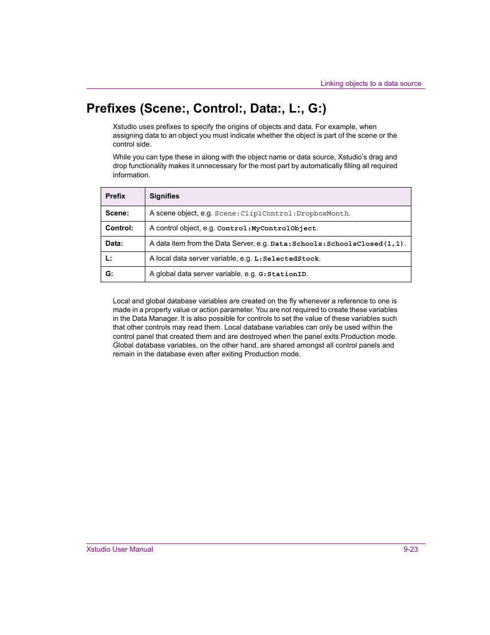 Prefixes (scene:, control:, data:, l:, g:), Prefixes (scene:, control:, data:, l:, g:) -23 | Grass Valley Xstudio Vertigo Suite v.4.10 User Manual | Page 246 / 453