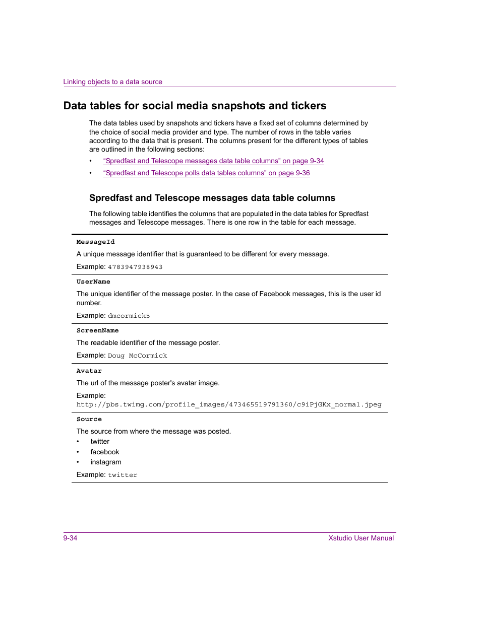 Data tables for social media snapshots and tickers | Grass Valley Xstudio Vertigo Suite v.4.10 User Manual | Page 257 / 453