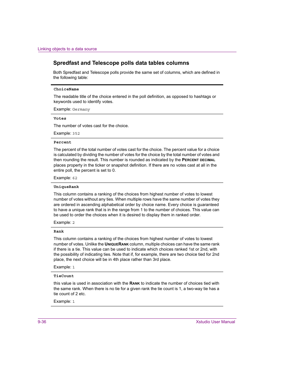 Spredfast and telescope polls data tables columns | Grass Valley Xstudio Vertigo Suite v.4.10 User Manual | Page 259 / 453