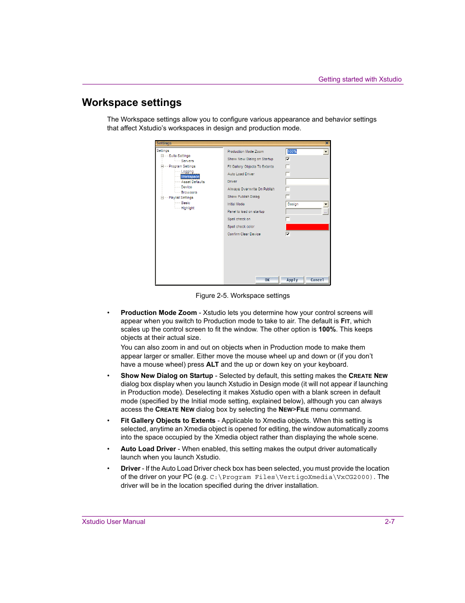 Workspace settings, Workspace settings -7 | Grass Valley Xstudio Vertigo Suite v.4.10 User Manual | Page 26 / 453