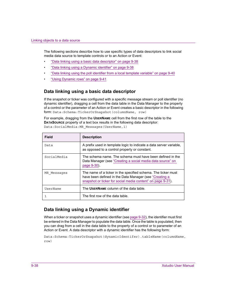 Data linking using a basic data descriptor, Data linking using a dynamic identifier | Grass Valley Xstudio Vertigo Suite v.4.10 User Manual | Page 261 / 453