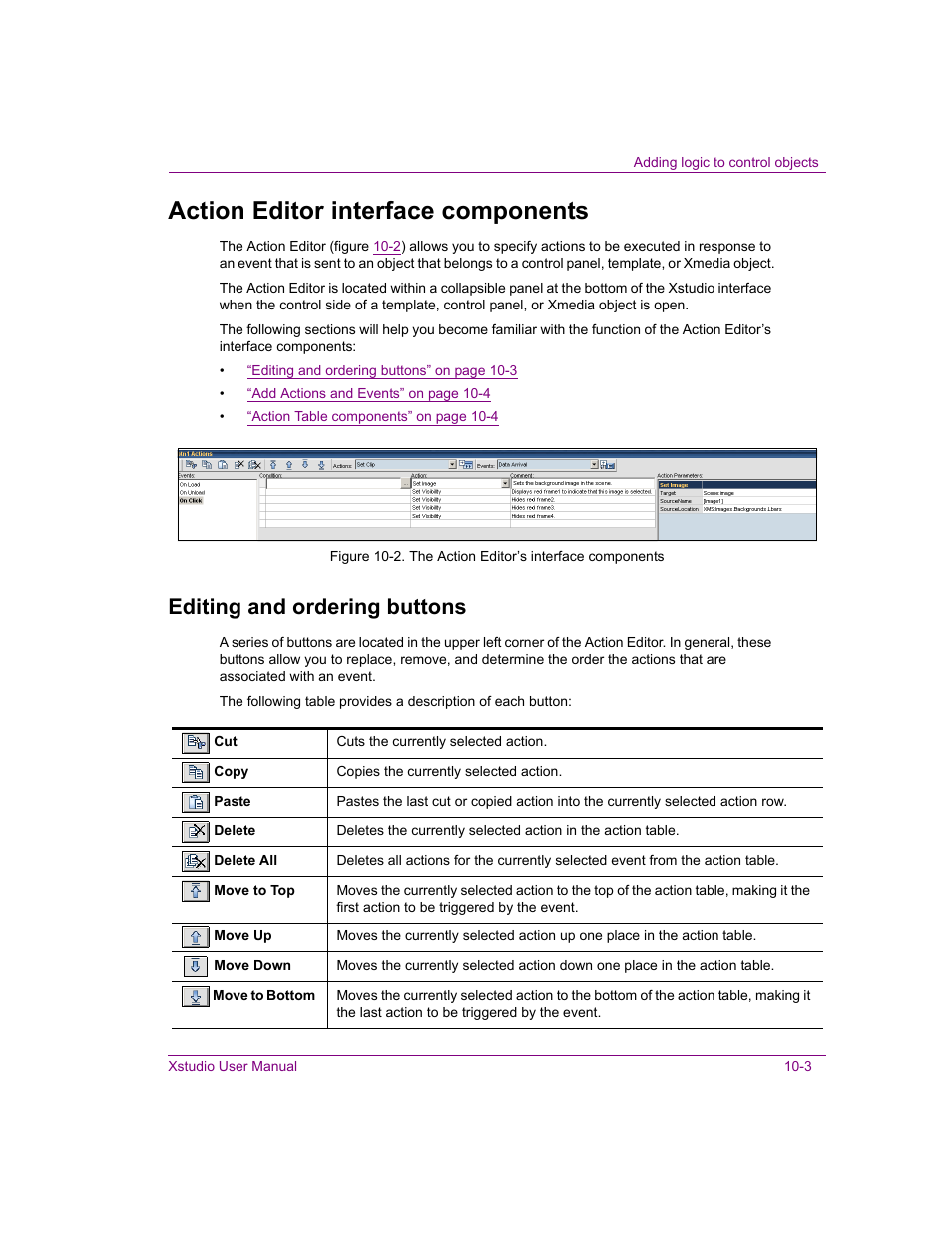 Action editor interface components, Editing and ordering buttons, Action editor interface components -3 | Editing and ordering buttons -3 | Grass Valley Xstudio Vertigo Suite v.4.10 User Manual | Page 268 / 453