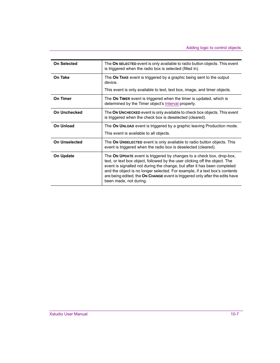 On update” on, On unchecked, On selected | On unselected | Grass Valley Xstudio Vertigo Suite v.4.10 User Manual | Page 272 / 453