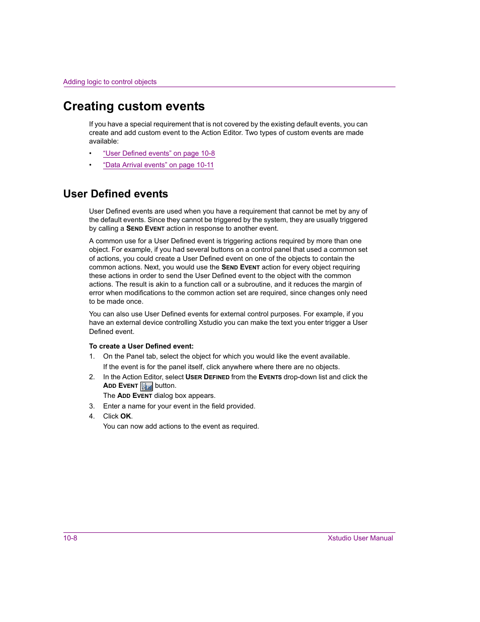 Creating custom events, User defined events, Creating custom events -8 | User defined events -8, Creating | Grass Valley Xstudio Vertigo Suite v.4.10 User Manual | Page 273 / 453