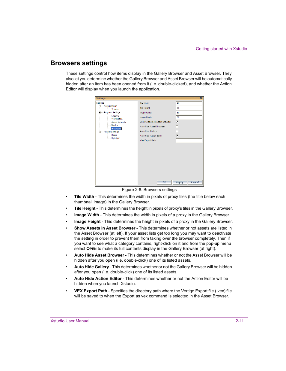 Browsers settings, Browsers settings -11 | Grass Valley Xstudio Vertigo Suite v.4.10 User Manual | Page 30 / 453