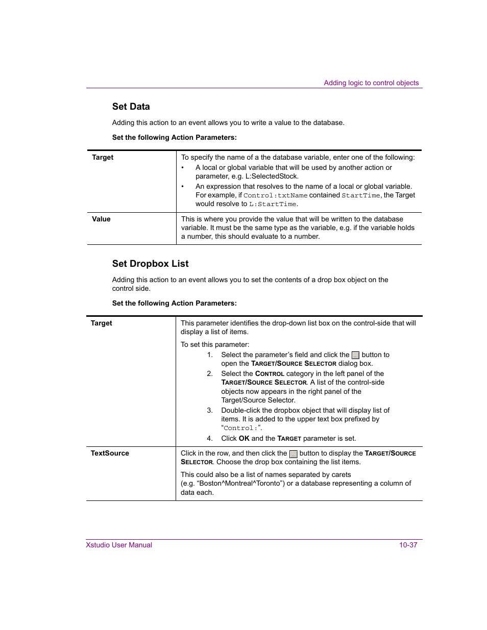 Set data, Set dropbox list | Grass Valley Xstudio Vertigo Suite v.4.10 User Manual | Page 302 / 453