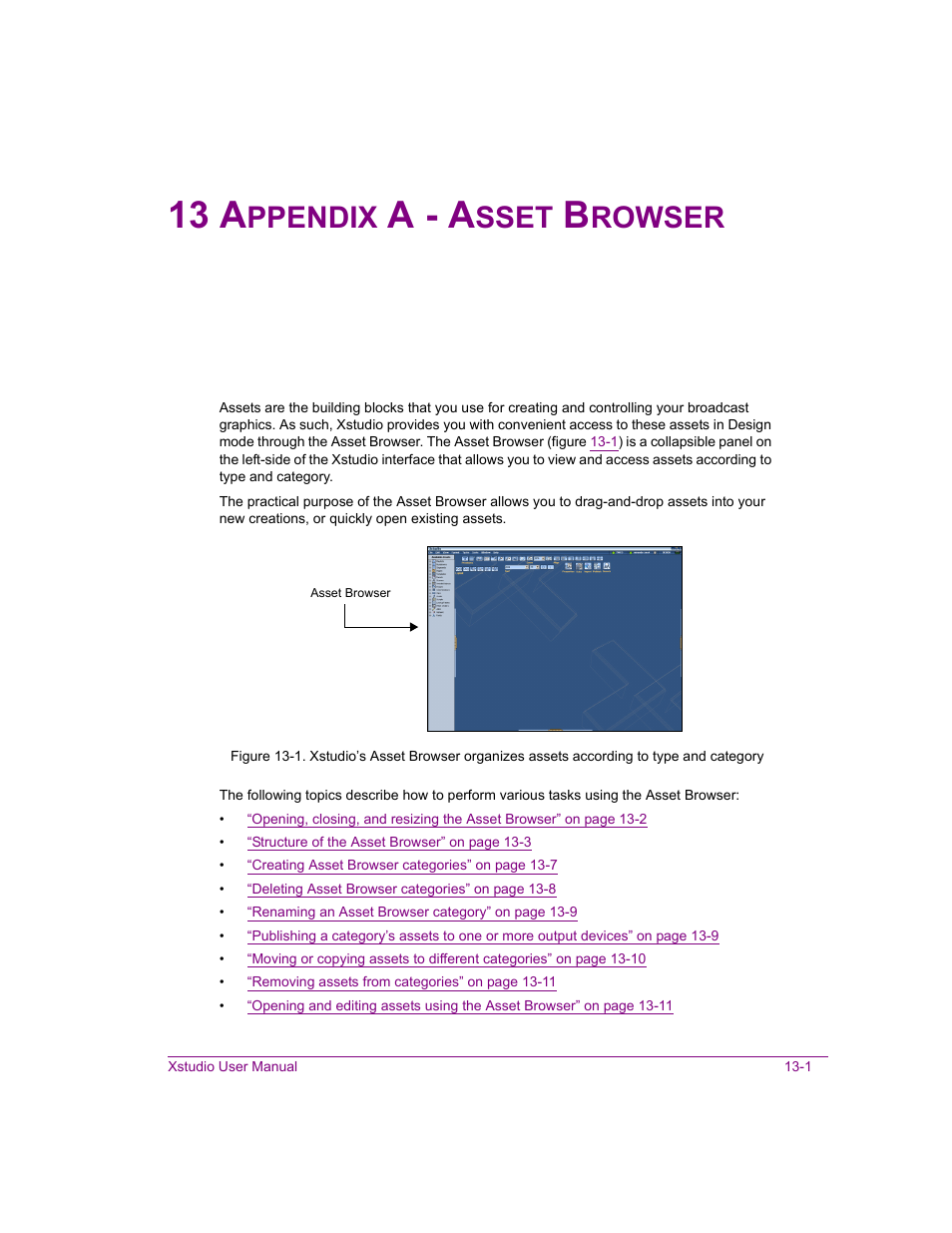 13 appendix a - asset browser, Appendix a - asset browser -1, 13 a | A - a, Ppendix, Sset, Rowser | Grass Valley Xstudio Vertigo Suite v.4.10 User Manual | Page 326 / 453