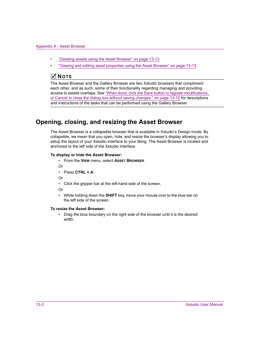 Opening, closing, and resizing the asset browser | Grass Valley Xstudio Vertigo Suite v.4.10 User Manual | Page 327 / 453