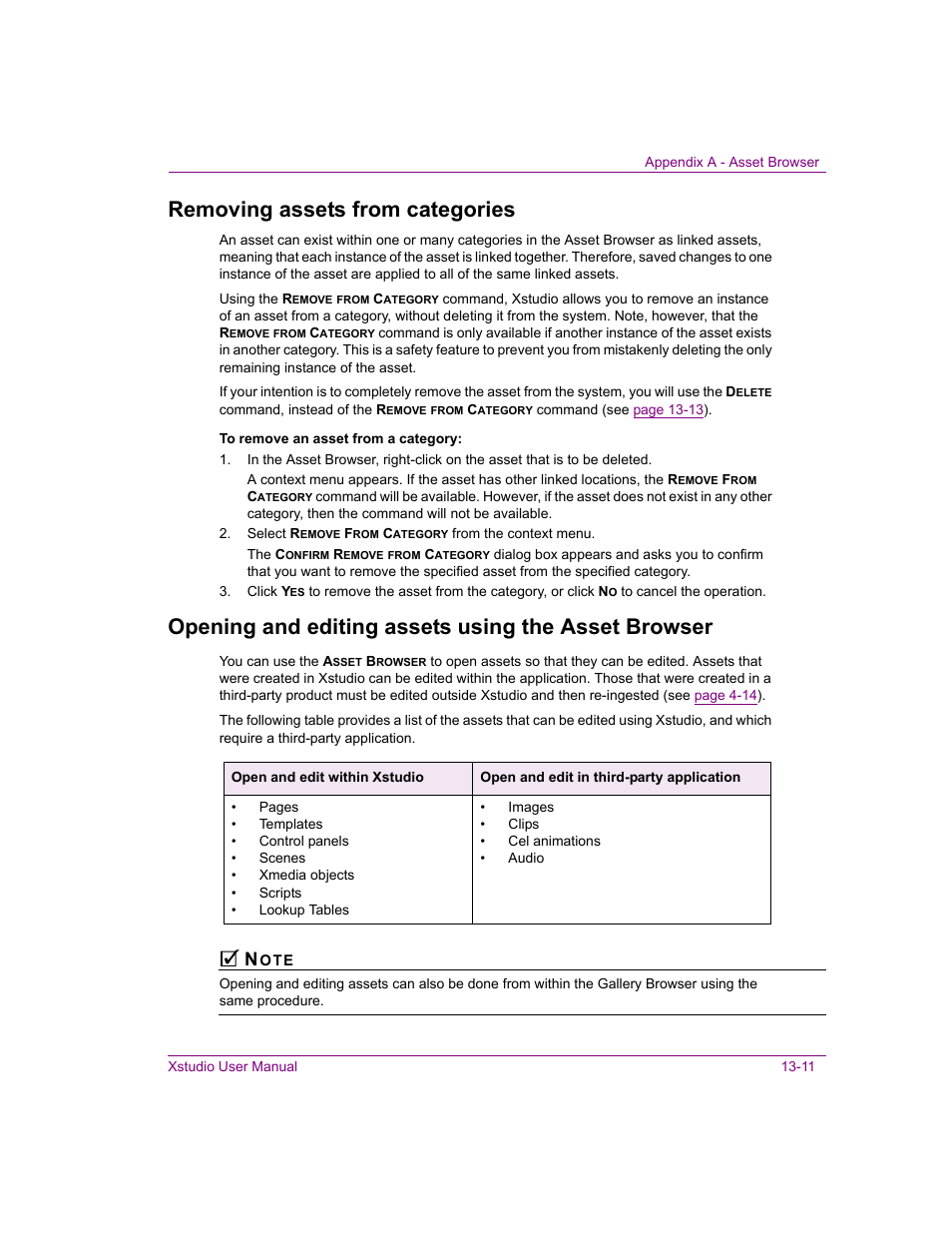 Removing assets from categories, Opening and editing assets using the asset browser | Grass Valley Xstudio Vertigo Suite v.4.10 User Manual | Page 336 / 453