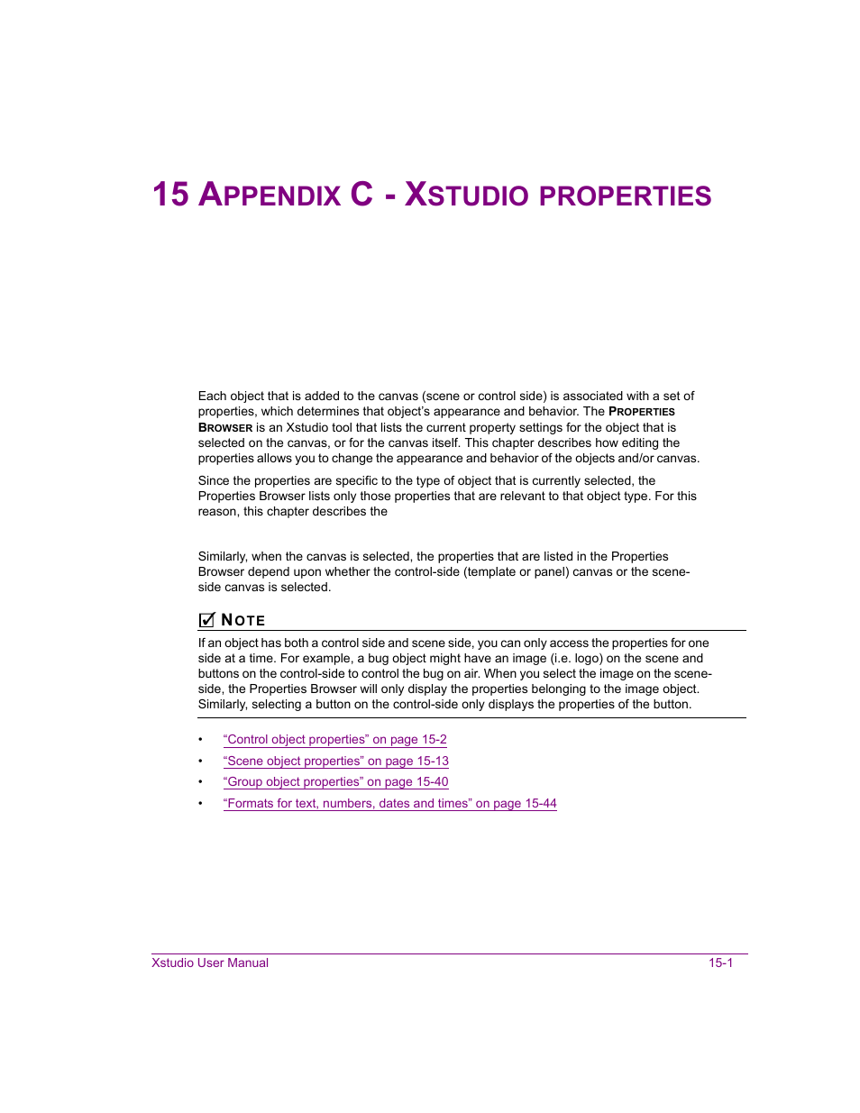 15 appendix c - xstudio properties, Appendix c - xstudio properties -1, Appendix c - xstudio | 15 a, C - x, Ppendix, Studio, Properties | Grass Valley Xstudio Vertigo Suite v.4.10 User Manual | Page 354 / 453