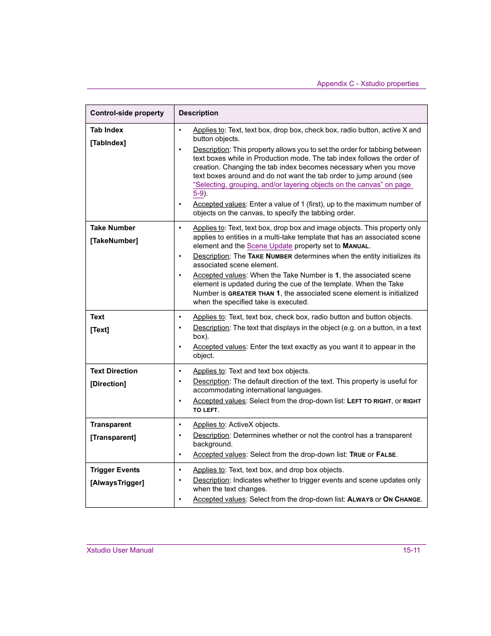 Text, Trigger events, Tab index | Take number, Text direction, Transparent | Grass Valley Xstudio Vertigo Suite v.4.10 User Manual | Page 364 / 453