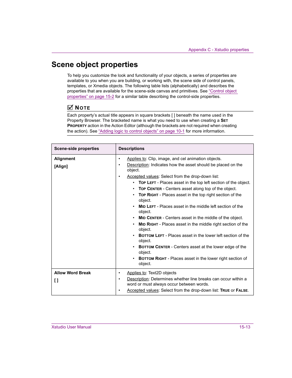 Scene object properties, Scene object properties -13, Ed in | The fo, Allow word, Break, Scene object, Alignment, Click on the links or see, For a | Grass Valley Xstudio Vertigo Suite v.4.10 User Manual | Page 366 / 453