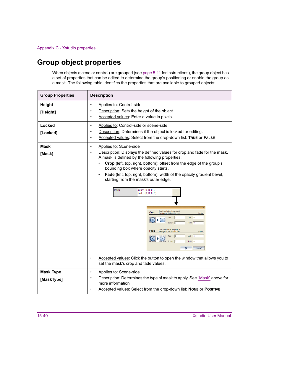 Group object properties, Group object properties -40, Group object properties” on | Grass Valley Xstudio Vertigo Suite v.4.10 User Manual | Page 393 / 453