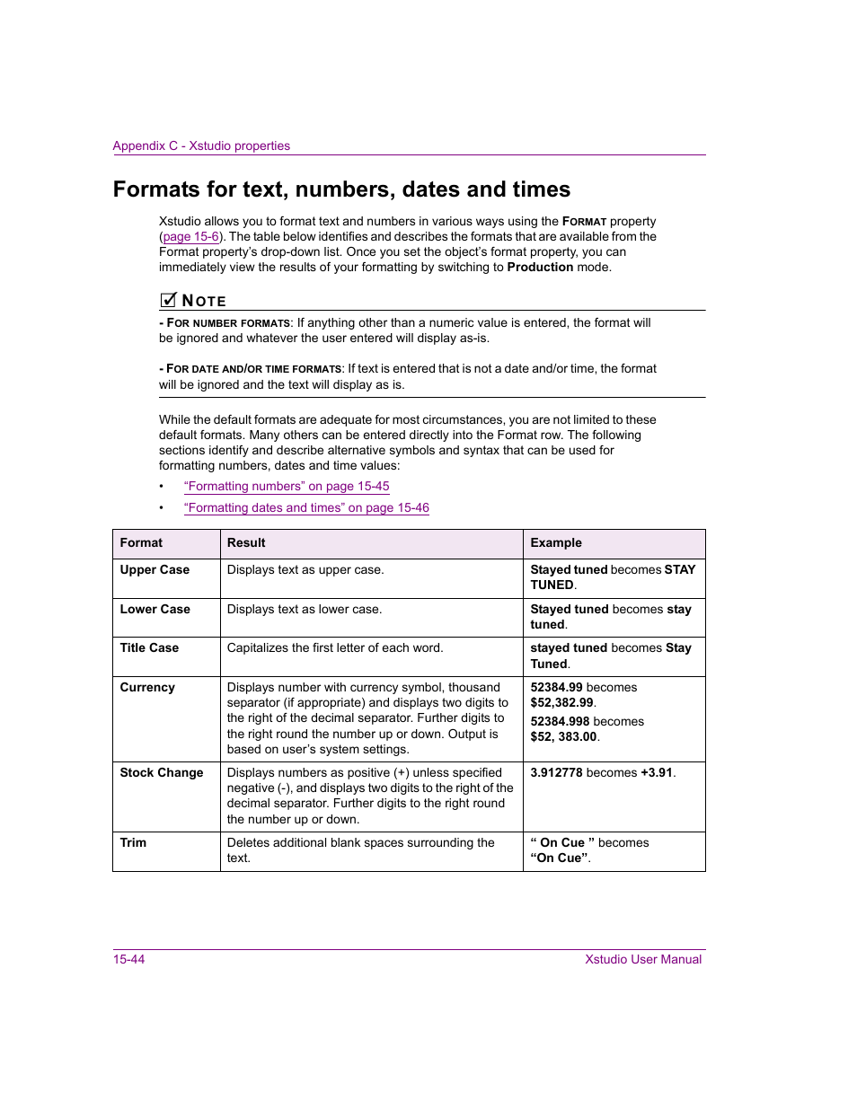 Formats for text, numbers, dates and times, Formats for text, numbers, dates and times -44, Ed in | Formats for text | Grass Valley Xstudio Vertigo Suite v.4.10 User Manual | Page 397 / 453