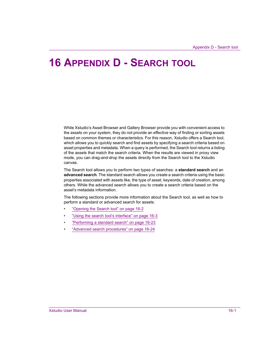 16 appendix d - search tool, Appendix d - search tool -1, Appendix d - search tool | 16 a, D - s, Ppendix, Earch, Tool | Grass Valley Xstudio Vertigo Suite v.4.10 User Manual | Page 400 / 453