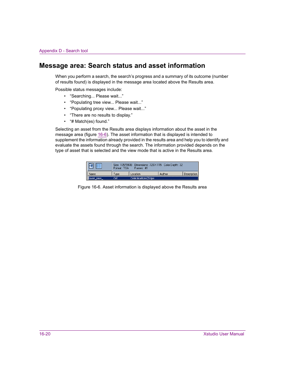 Message area: search status and asset information | Grass Valley Xstudio Vertigo Suite v.4.10 User Manual | Page 419 / 453