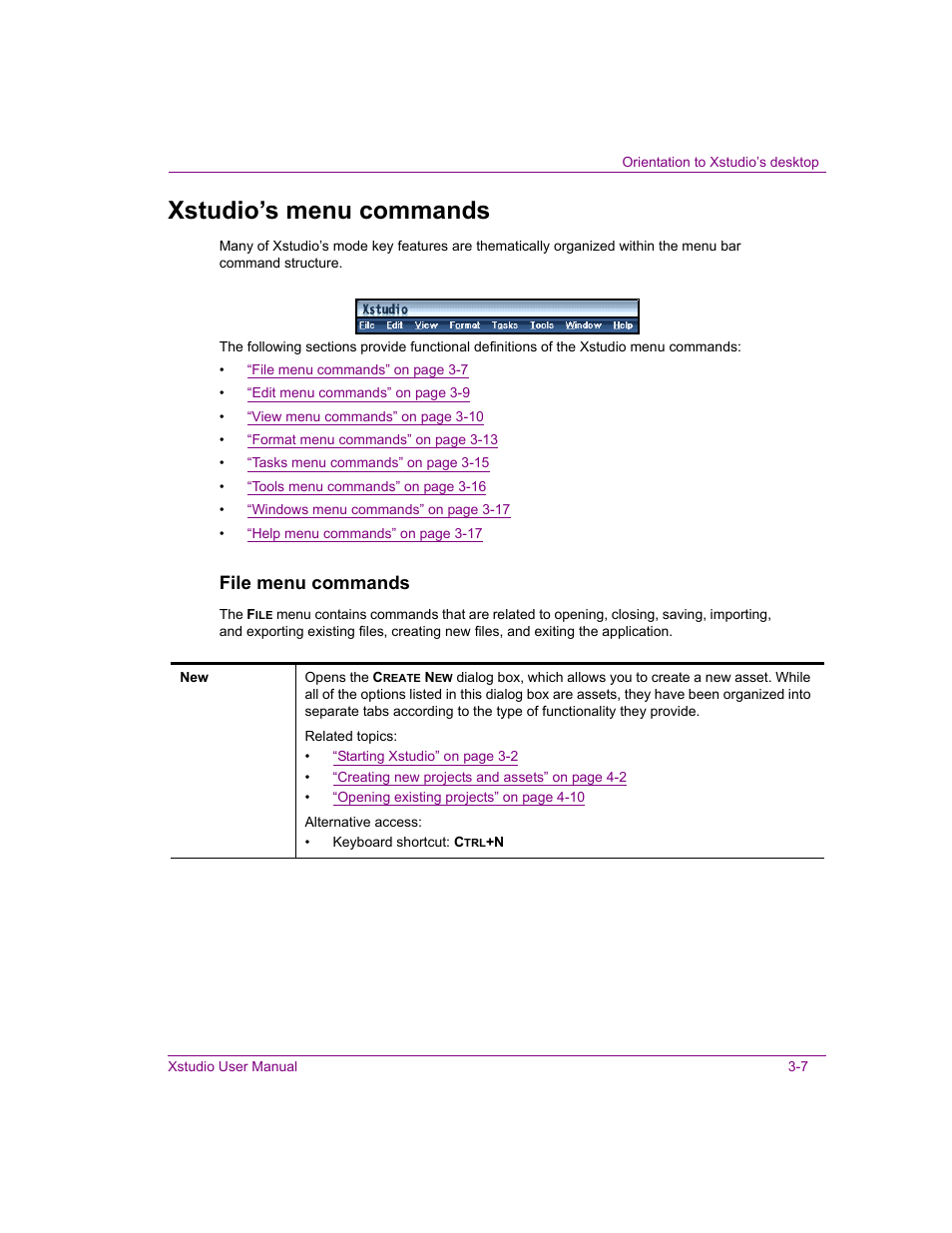 Xstudio’s menu commands, Xstudio’s menu commands -7, File menu commands | Grass Valley Xstudio Vertigo Suite v.4.10 User Manual | Page 42 / 453