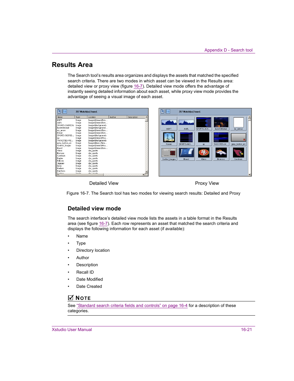 Results area, Results area -21, Detailed view mode | Grass Valley Xstudio Vertigo Suite v.4.10 User Manual | Page 420 / 453