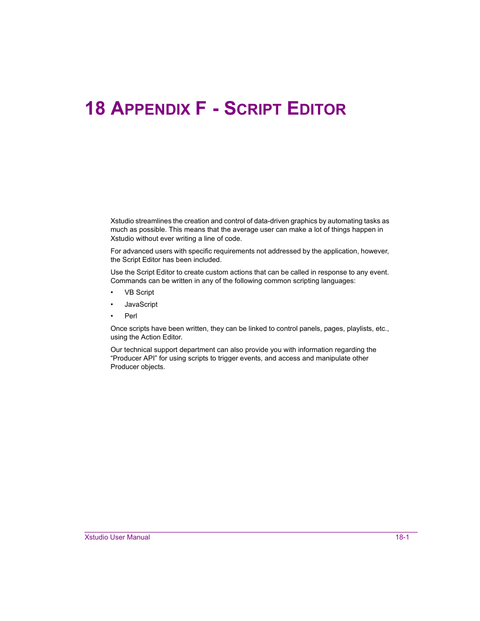 18 appendix f - script editor, Appendix f - script editor -1, 18 a | F - s, Ppendix, Cript, Ditor | Grass Valley Xstudio Vertigo Suite v.4.10 User Manual | Page 438 / 453